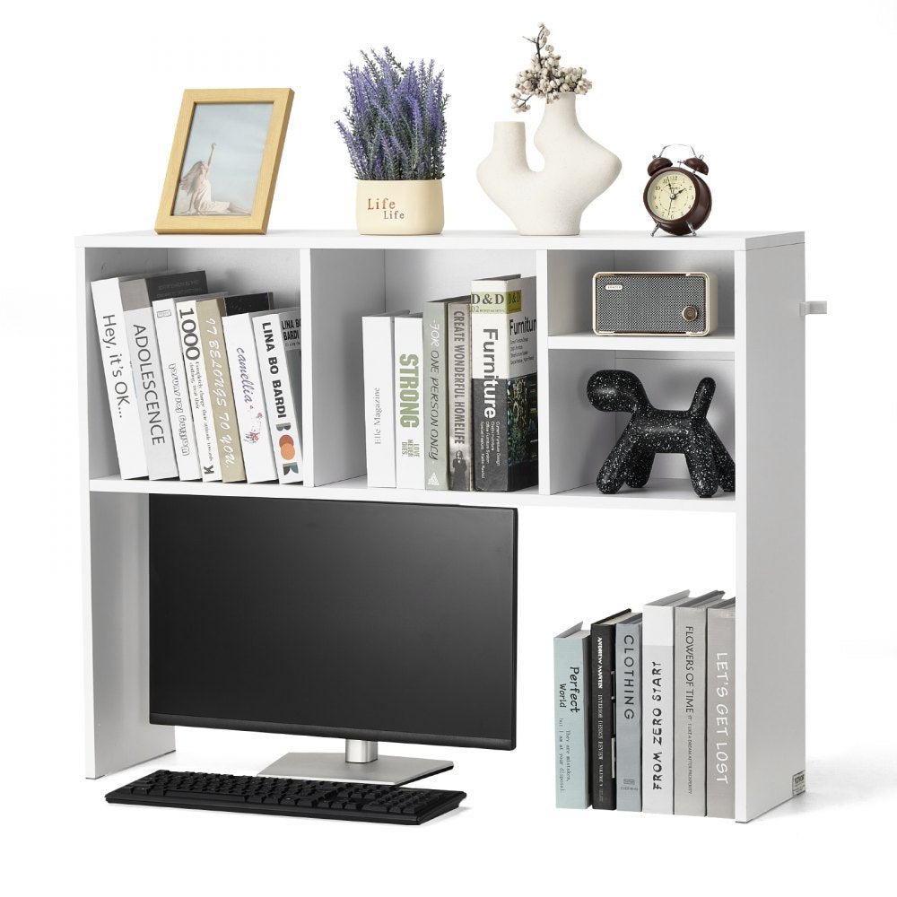 VEVOR Desktop Bookshelf, 1-Tier Desktop Storage Organizer, 37" x 9.4" x 28.7" Office Storage Rack Wood Display Shelf, Desktop Bookshelf Hutch with Anti-Slip Feet Pads, for Office, Home & Dorm, White