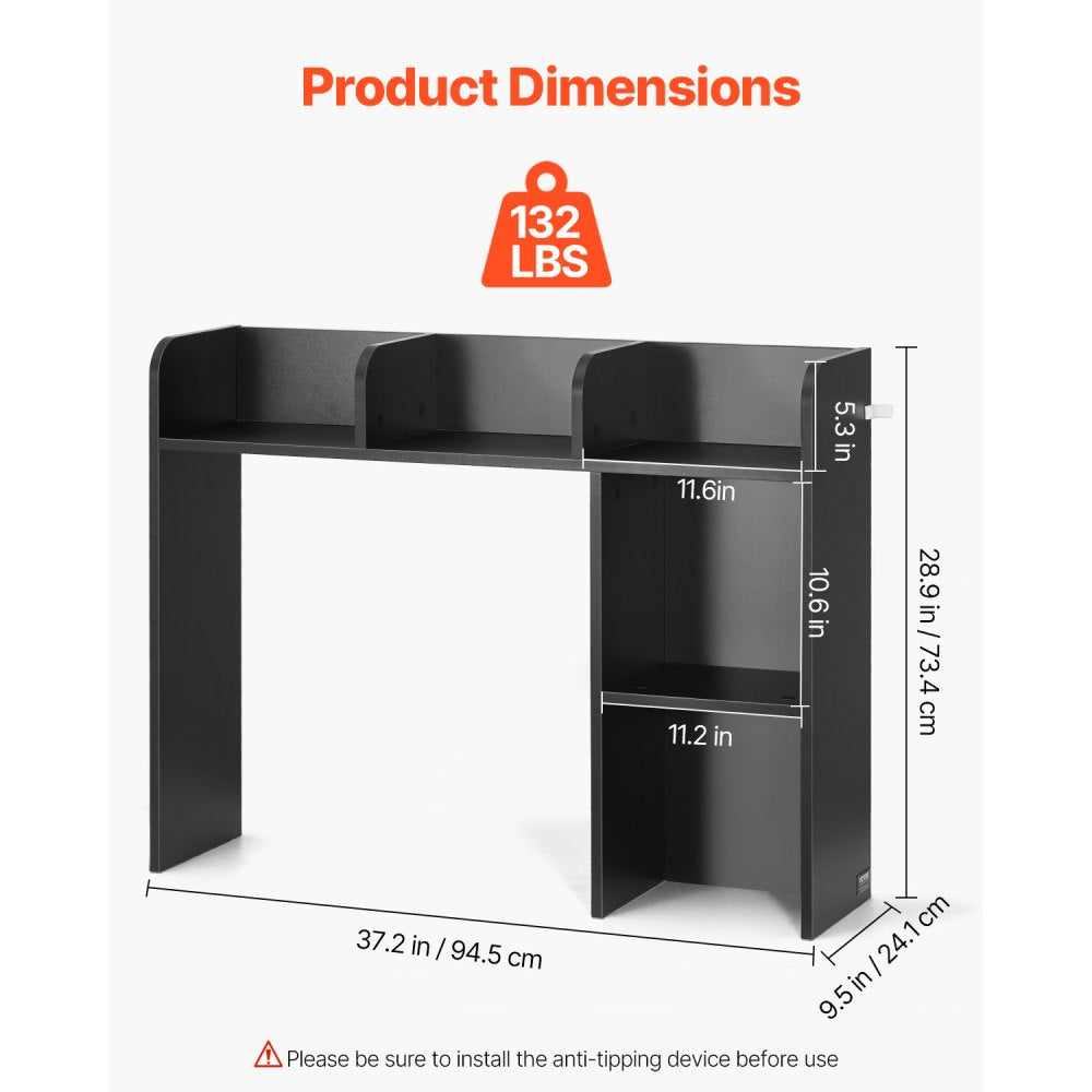 VEVOR Desktop Bookshelf, 2-Tier Desktop Storage Organizer, 37.2" x 9.5" x 28.9" Office Storage Rack Wood Display Shelf, Desktop Bookshelf Hutch with Anti-Slip Feet Pads, for Office, Home & Dorm, Black