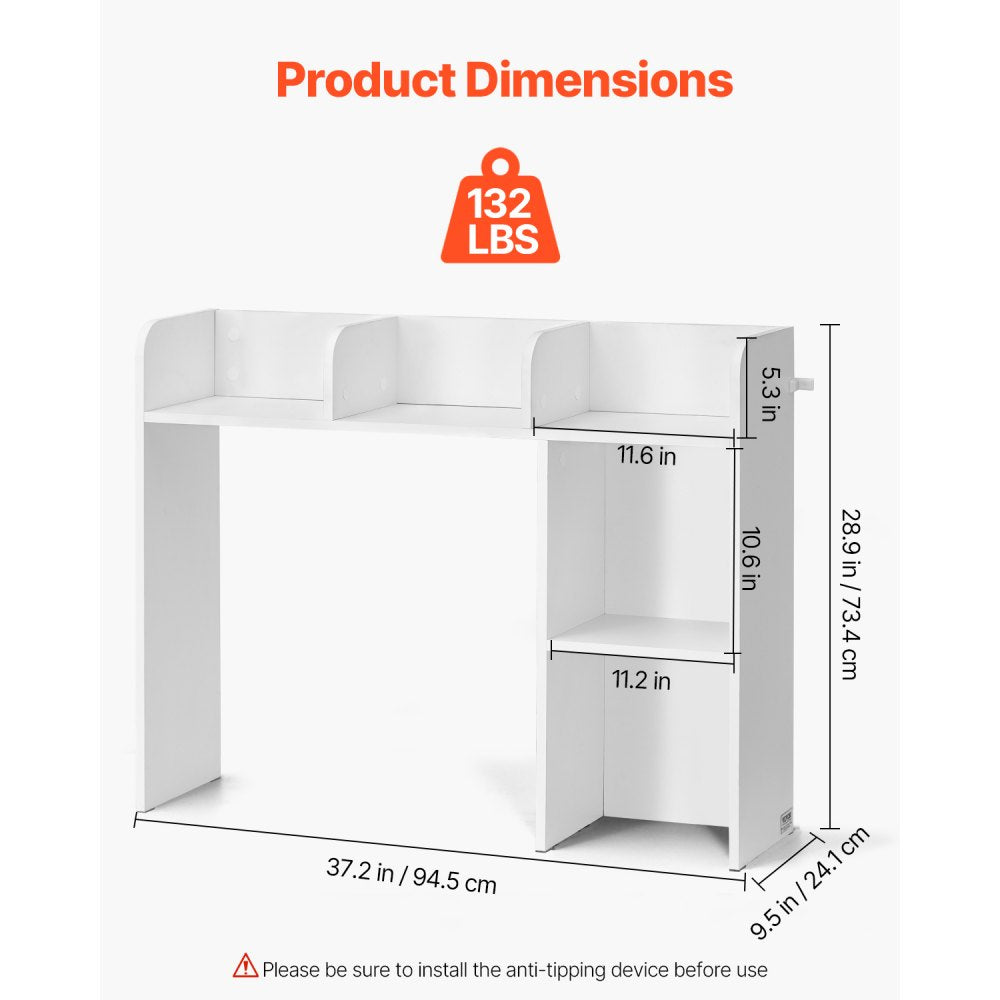 VEVOR Desktop Bookshelf, 2-Tier Desktop Storage Organizer, 37.2" x 9.5" x 28.9" Office Storage Rack Wood Display Shelf, Desktop Bookshelf Hutch with Anti-Slip Feet Pads, for Office, Home & Dorm, White
