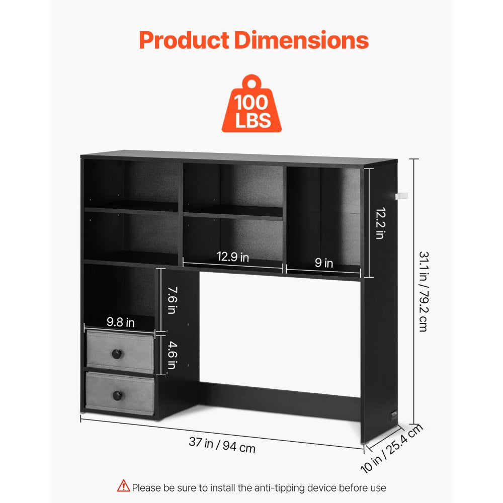 VEVOR Desktop Bookshelf, 3-Tier Desktop Storage Organizer, 37" x 10" x 31.1" Office Storage Rack Wood Display Shelf, Desktop Bookshelf Hutch with Two Fabric Drawers, for Office, Home & Dorm, Black