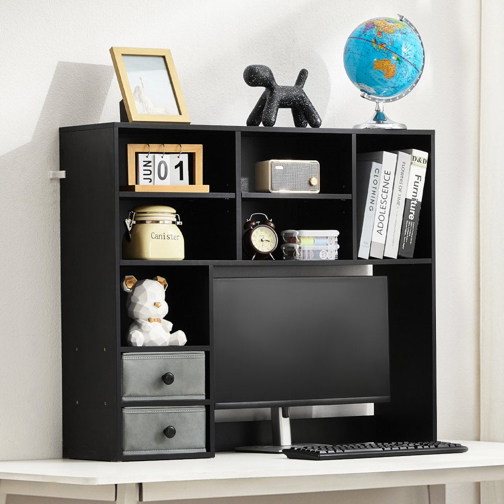 VEVOR Desktop Bookshelf, 3-Tier Desktop Storage Organizer, 37" x 10" x 31.1" Office Storage Rack Wood Display Shelf, Desktop Bookshelf Hutch with Two Fabric Drawers, for Office, Home & Dorm, Black