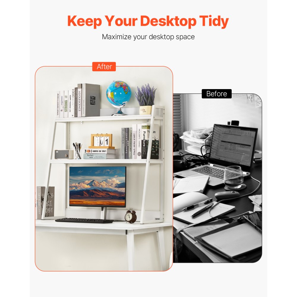 VEVOR Desktop Bookshelf, 2-Tier Desktop Storage Organizer, 37.4" x 12.6" x 35.4" Office Desk Storage Rack Display Shelf, Desktop Bookshelf Hutch with Anti-Slip Feet Pads, for Office, Home & Dorm, White