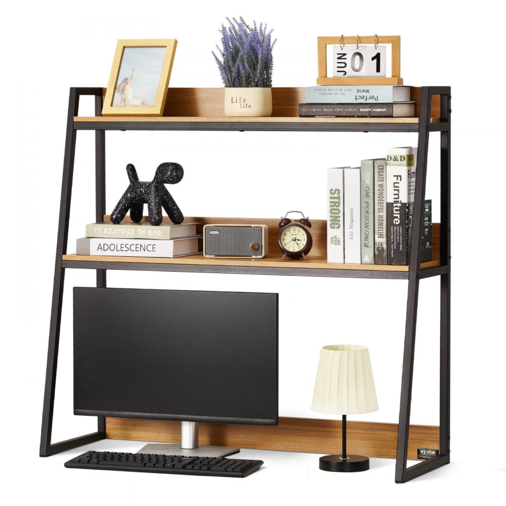 VEVOR Desktop Bookshelf, 2-Tier Desktop Storage Organizer, 37.4" x 12.6" x 35.4" Office Storage Rack Wood Color Display Shelf, Desktop Bookshelf Hutch with Anti-Slip Feet Pads, for Office, Home & Dorm