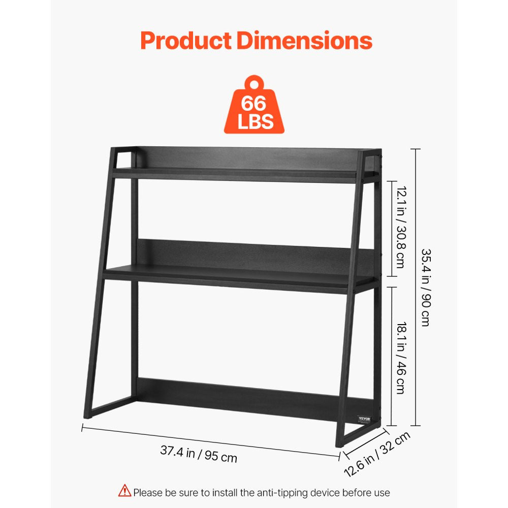 VEVOR Desktop Bookshelf, 2-Tier Desktop Storage Organizer, 37.4" x 12.6" x 35.4" Office Desk Storage Rack Display Shelf, Desktop Bookshelf Hutch with Anti-Slip Feet Pads, for Office, Home & Dorm, Black