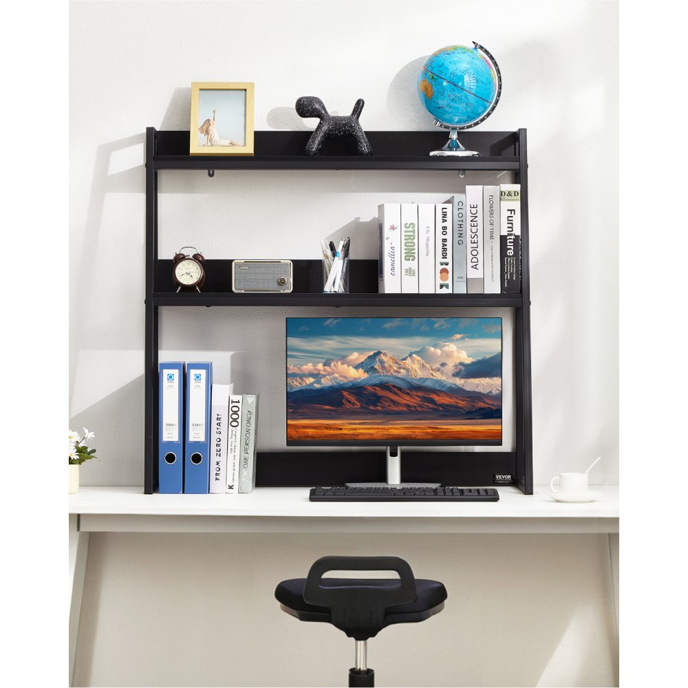 VEVOR Desktop Bookshelf, 2-Tier Desktop Storage Organizer, 37.4" x 12.6" x 35.4" Office Desk Storage Rack Display Shelf, Desktop Bookshelf Hutch with Anti-Slip Feet Pads, for Office, Home & Dorm, Black