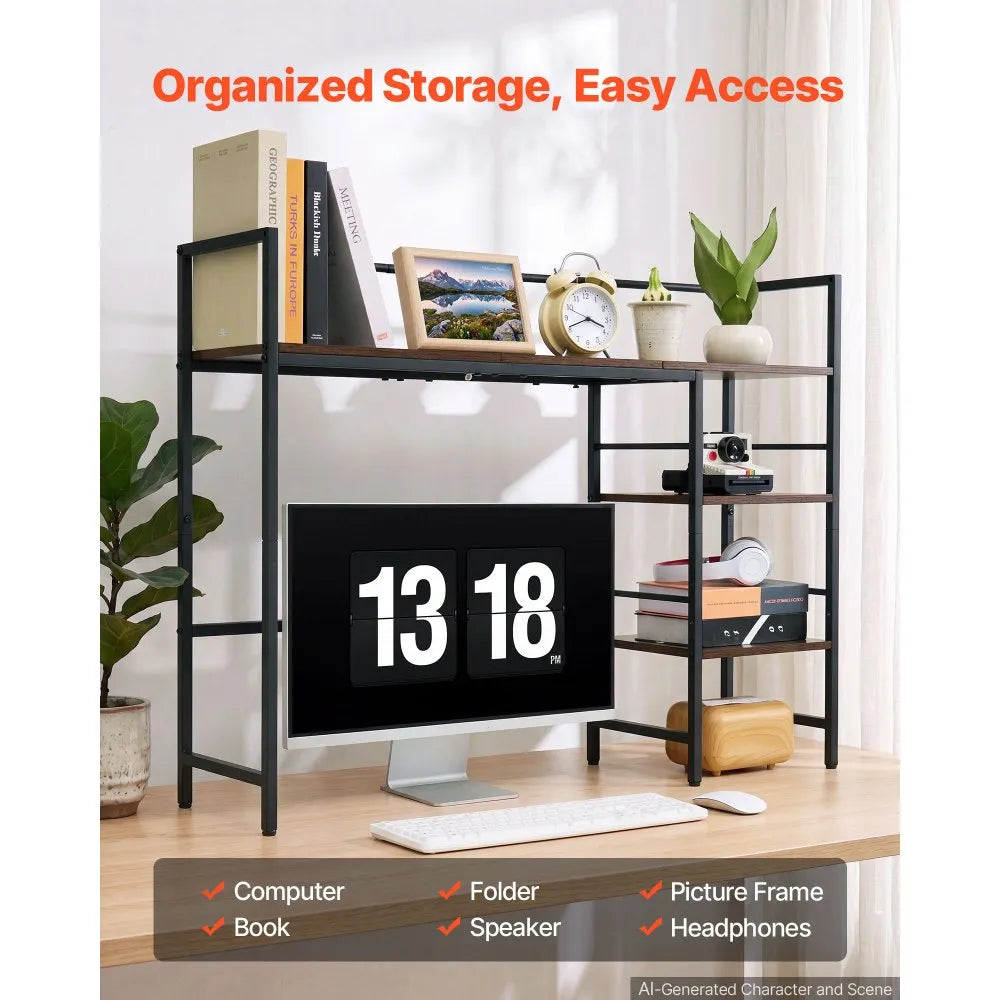VEVOR Desktop Bookshelf 4-Tier Countertop Storage Hutch for Computer Desk, Metal Frame and Wooden Shelf, with Non-Slip Feet Pads, Multipurpose Desk Hutch Storage Organizer for Dorm, Home, and Office