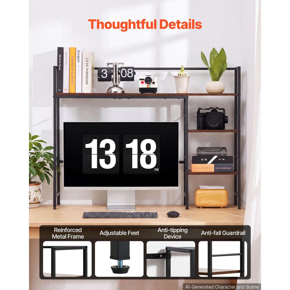 VEVOR Desktop Bookshelf 4-Tier Countertop Storage Hutch for Computer Desk, Metal Frame and Wooden Shelf, with Non-Slip Feet Pads, Multipurpose Desk Hutch Storage Organizer for Dorm, Home, and Office