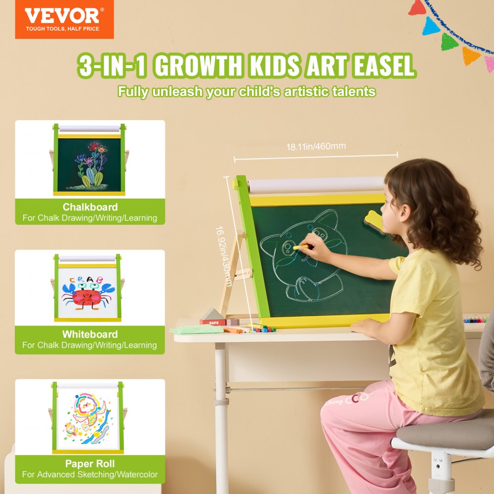 VEVOR Tabletop Art Easel for Kids, 3-in-1 Wooden Double-Sided Kid's Art Easel with Magnetic Whiteboard, Chalkboard, Paper Roll, Foldable Portable Drawing Board with Painting Accessories for Boys Girls