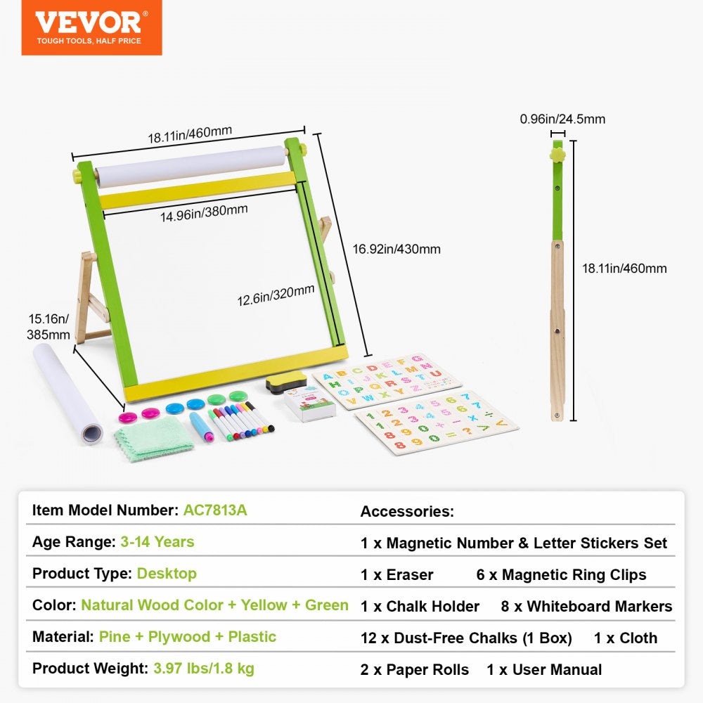 VEVOR Tabletop Art Easel for Kids, 3-in-1 Wooden Double-Sided Kid's Art Easel with Magnetic Whiteboard, Chalkboard, Paper Roll, Foldable Portable Drawing Board with Painting Accessories for Boys Girls