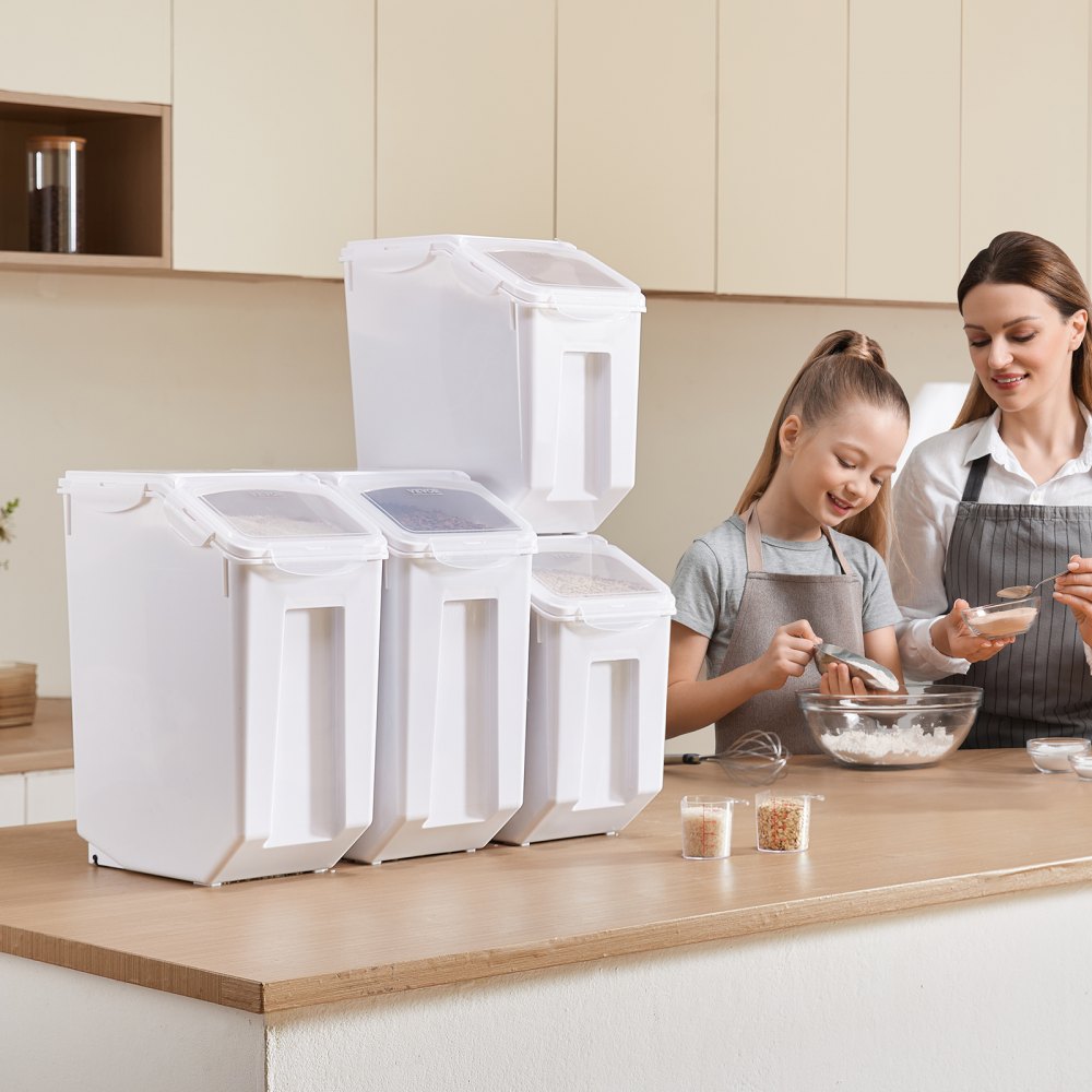 VEVOR Rice Storage Container, 3.5Gal/15Lx2 + 4.5Gal/20Lx2 Large Dog Food Dispenser Bin, Kitchen Ingredient Grain Cereal Bin, Pet food Containers with Wheels, 4 Measuring Cups, Airtight Lid, 4 Pack