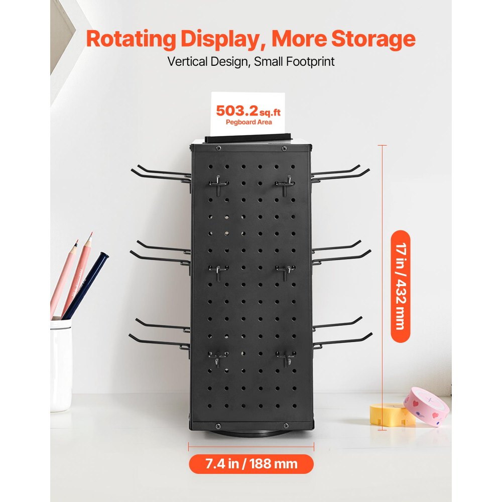 VEVOR Rotating Pegboard Display Stand, 7.4 x 7.4 x 17 in 4-Sided Spinning Peg Board Display with 24 Hooks, Thickened Cold-Rolled Steel Craft Rack Organizer for Grocery Retail Store Jewelry Shop, Black
