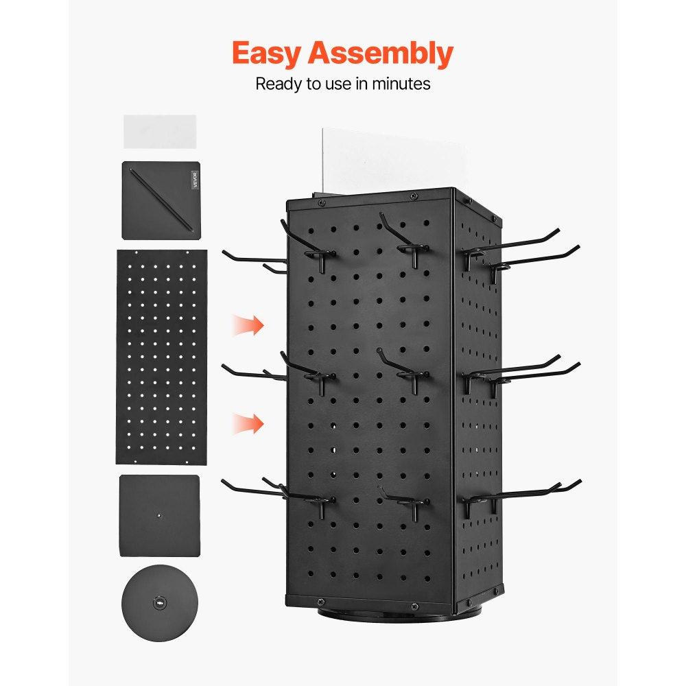 VEVOR Rotating Pegboard Display Stand, 7.4 x 7.4 x 17 in 4-Sided Spinning Peg Board Display with 24 Hooks, Thickened Cold-Rolled Steel Craft Rack Organizer for Grocery Retail Store Jewelry Shop, Black