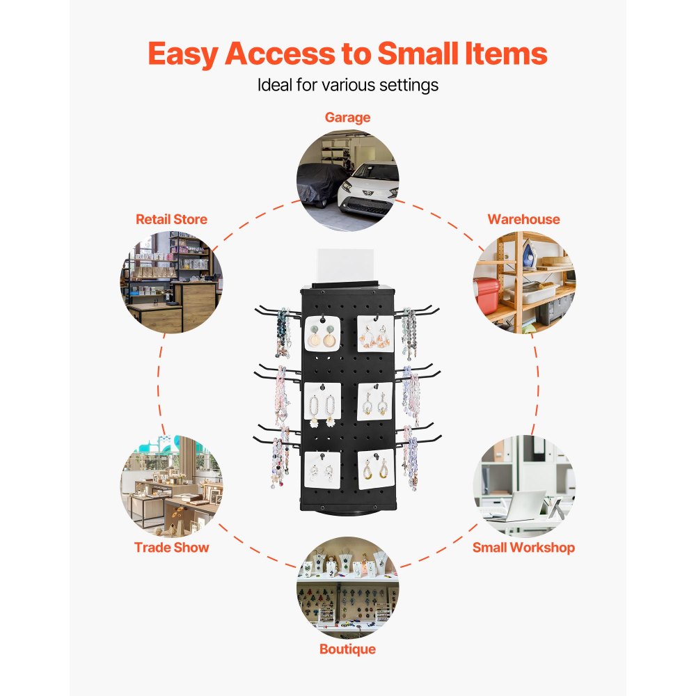 VEVOR Rotating Pegboard Display Stand, 7.4 x 7.4 x 17 in 4-Sided Spinning Peg Board Display with 24 Hooks, Thickened Cold-Rolled Steel Craft Rack Organizer for Grocery Retail Store Jewelry Shop, Black