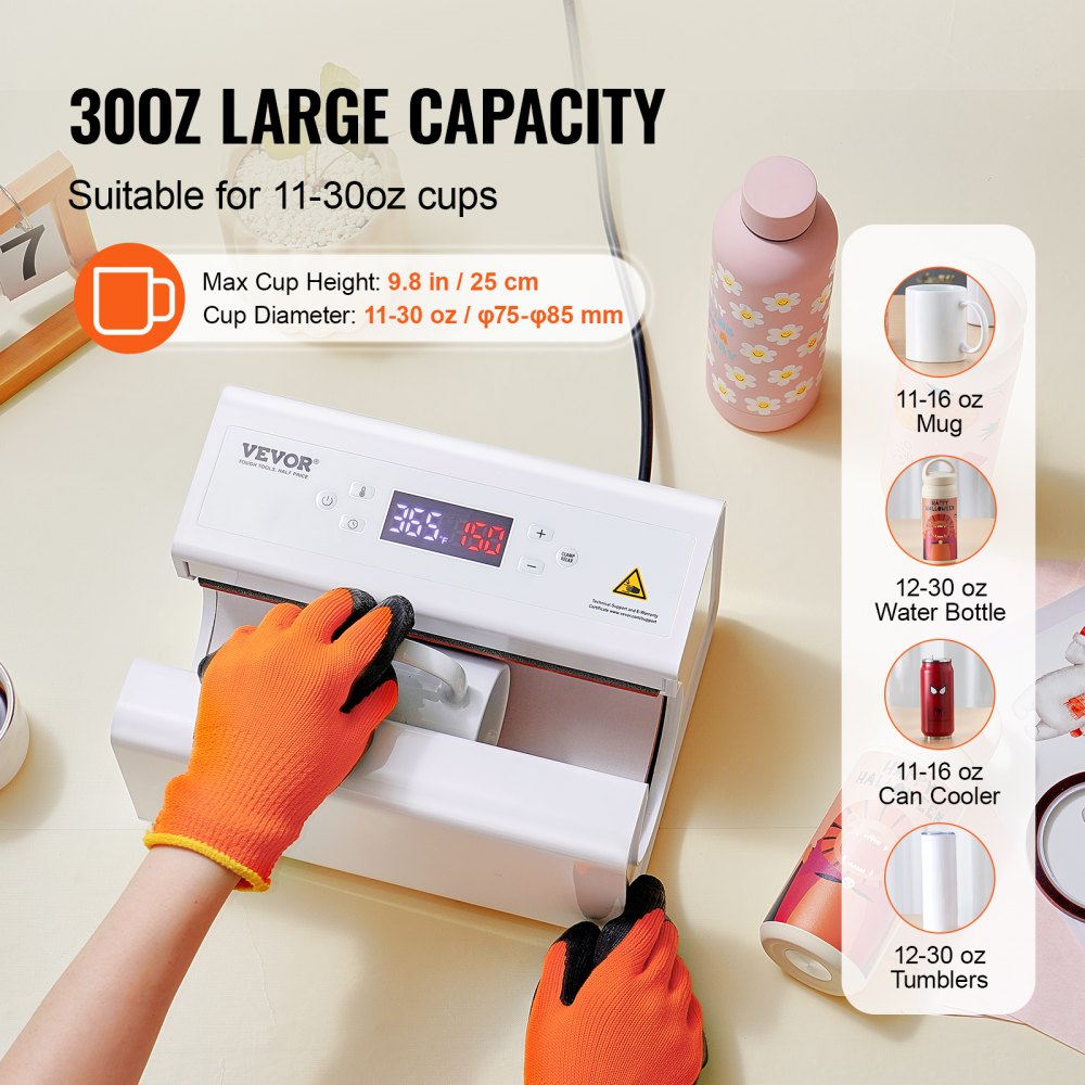 VEVOR Auto Tumbler Heat Press Machine, Mug Heat Press for 11-30oz Sublimation Tumblers, Heat Up Fast and Even, Tumbler Press with Tape and Glove, Temp and Time Setting, for Tumblers, Cups, Mugs, White