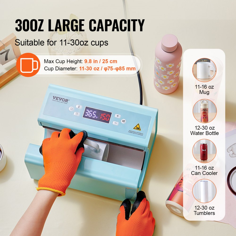 VEVOR Auto Tumbler Heat Press Machine, Mug Heat Press for 11-30oz Sublimation Tumblers, Heat Up Fast and Even, Tumbler Press with Tape and Glove, Temp and Time Setting, for Tumblers, Cups, Mugs, Blue