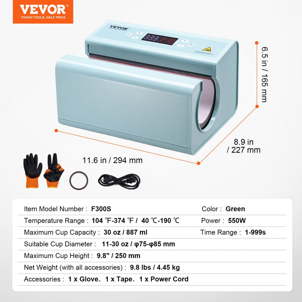 VEVOR Auto Tumbler Heat Press Machine, Mug Heat Press for 11-30oz Sublimation Tumblers, Heat Up Fast and Even, Tumbler Press with Tape and Glove, Temp and Time Setting, for Tumblers, Cups, Mugs, Blue