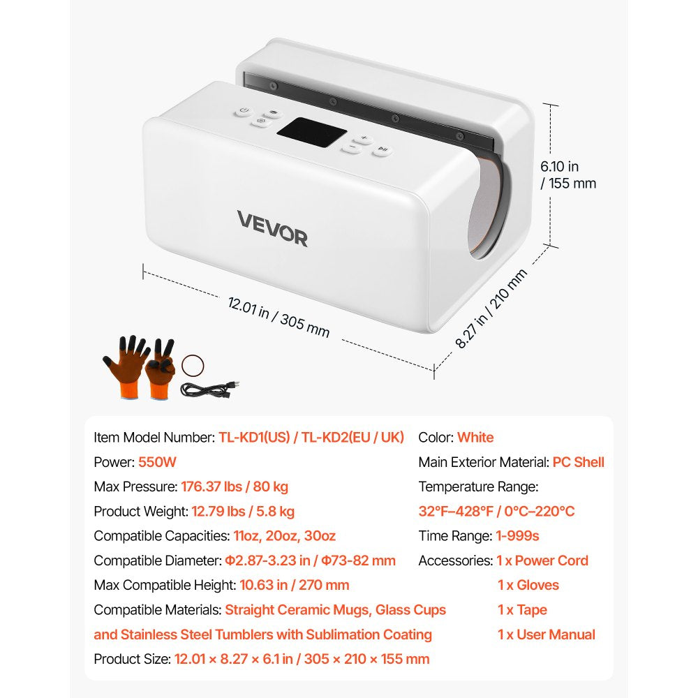 VEVOR Auto Tumbler Heat Press Machine 176 lbs Pressure Mug Heat Press White, for 11/20/30 oz Sublimation Tumblers, Cups, Glasses, Mugs, Fast Even Heating, Temp & Time Setting, 3 Preset Modes, Low-Noise