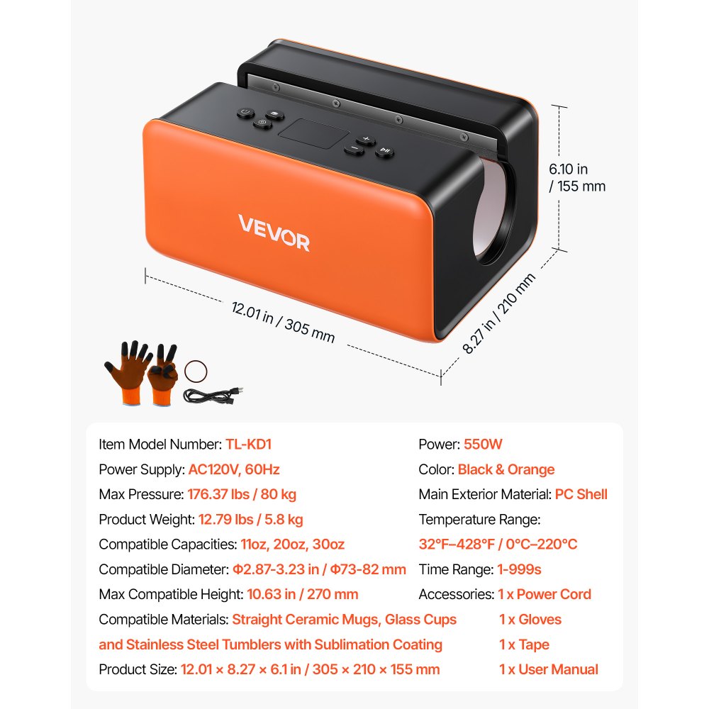 VEVOR Auto Tumbler Heat Press Machine 176 lbs Mug Heat Press Black & Orange, for 11/20/30 oz Sublimation Tumblers, Cups, Glasses, Mugs, Fast Even Heating, Temp & Time Setting, 3 Preset Modes, Low-Noise