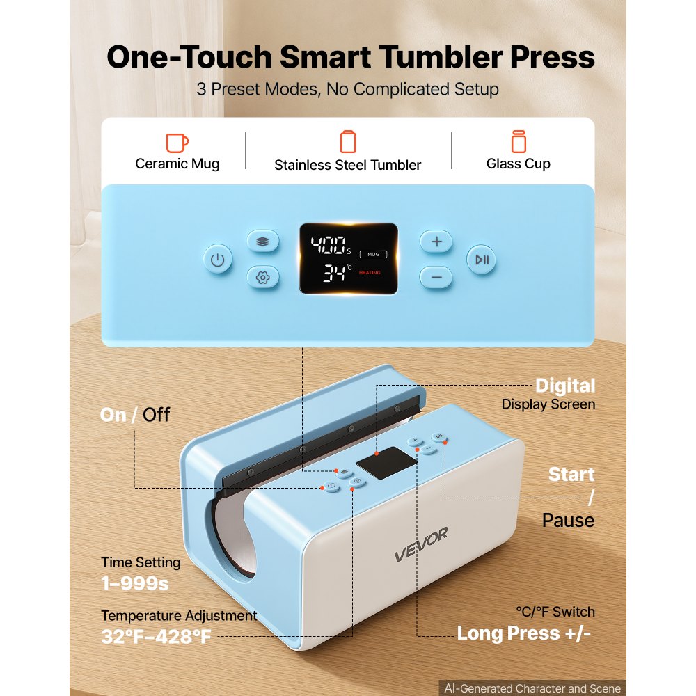 VEVOR Auto Tumbler Heat Press Machine 176 lbs Mug Heat Press White & Blue, for 11/20/30 oz Sublimation Tumblers, Cups, Glasses, Mugs, Fast Even Heating, Temp & Time Setting, 3 Preset Modes, Low-Noise