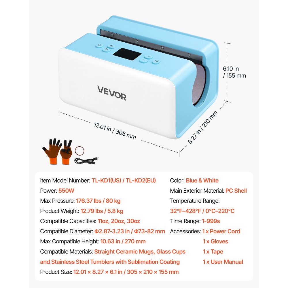 VEVOR Auto Tumbler Heat Press Machine 176 lbs Mug Heat Press White & Blue, for 11/20/30 oz Sublimation Tumblers, Cups, Glasses, Mugs, Fast Even Heating, Temp & Time Setting, 3 Preset Modes, Low-Noise
