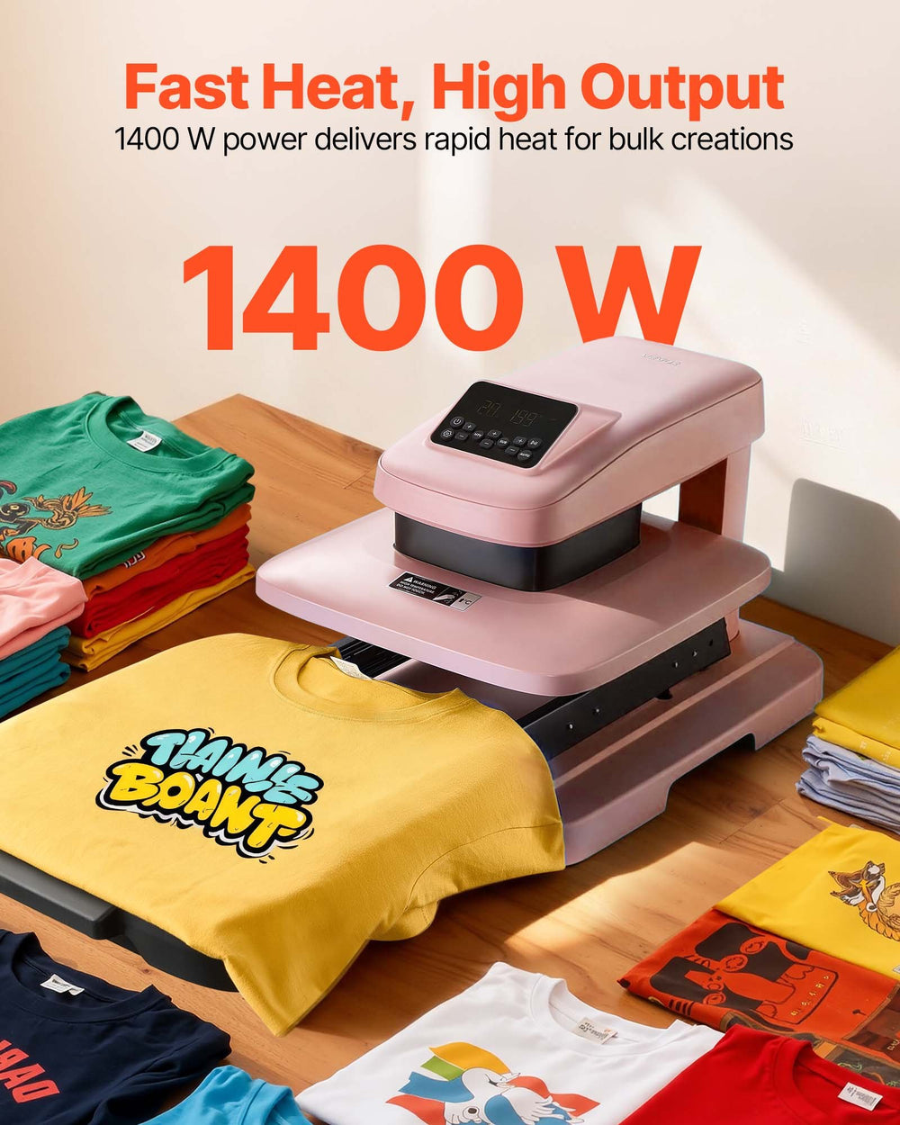 VEVOR Auto Heat Press Machine Pink - 1400W fast heat high output
