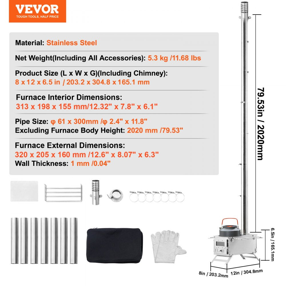 VEVOR Wood Stove, 80 inch, Stainless Steel Camping Tent Stove, Portable Wood Burning Stove with Chimney Pipes & Gloves, 700in³Firebox Hot Tent Stove for Outdoor Cooking and Heating with 8 Pipes