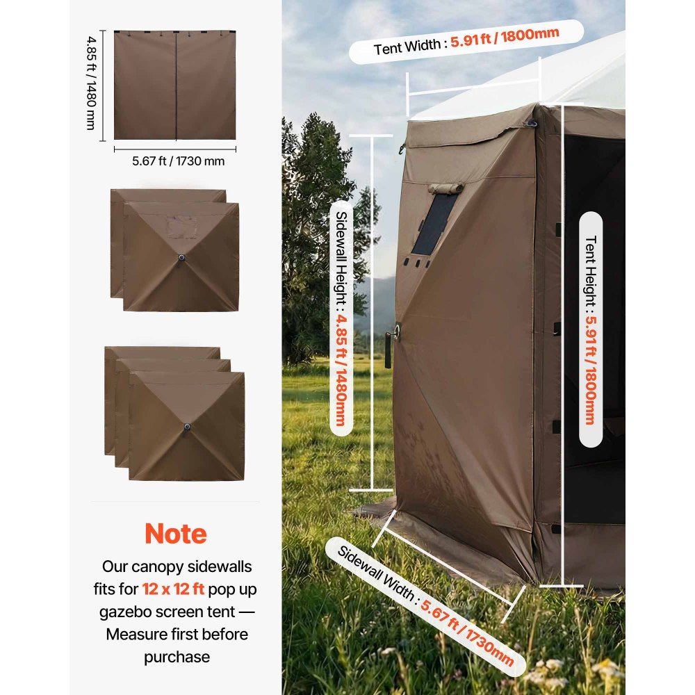 VEVOR Canopy Sidewalls, 5.67 x 4.85 ft, Canopy Tent Walls with Waterproof and Sunlight Protection, 1 Zippered Door & 2 Windows Design for Outdoor Event Tents, Vendor Booths (6 Sidewalls Only, Brown)