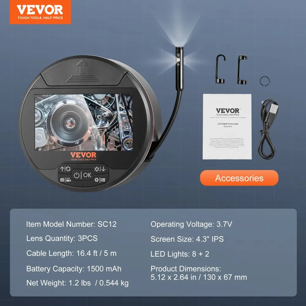 VEVOR Borescope Triple Lens Endoscope Camera with Light, 4.3" IPS Screen Inspection Camera with 8 + 2 Lights, IP67 Waterproof Snake Scope Camera for Automotive, Plumbing (16.4FT Cable, 32GB Card)