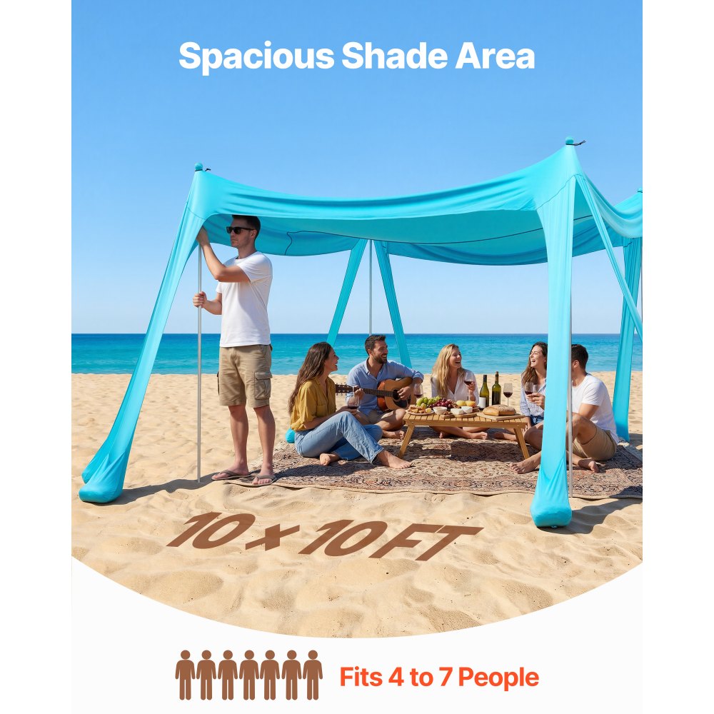 VEVOR Beach Tent Sun Shelter, UPF50+ Sun Protection, 6.6 ft Tall, 10 x 10 ft, Easy Pop Up Beach Canopy with Sandbags, Stability Poles, Sand Shovels, Portable Shade for Family, Camping, Fishing, Green