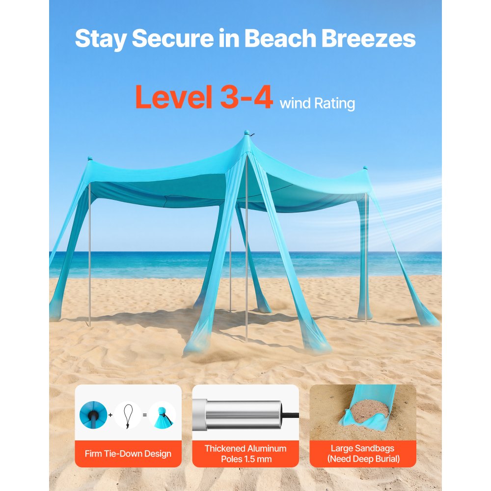 VEVOR Beach Tent Sun Shelter, UPF50+ Sun Protection, 6.6 ft Tall, 10 x 10 ft, Easy Pop Up Beach Canopy with Sandbags, Stability Poles, Sand Shovels, Portable Shade for Family, Camping, Fishing, Green