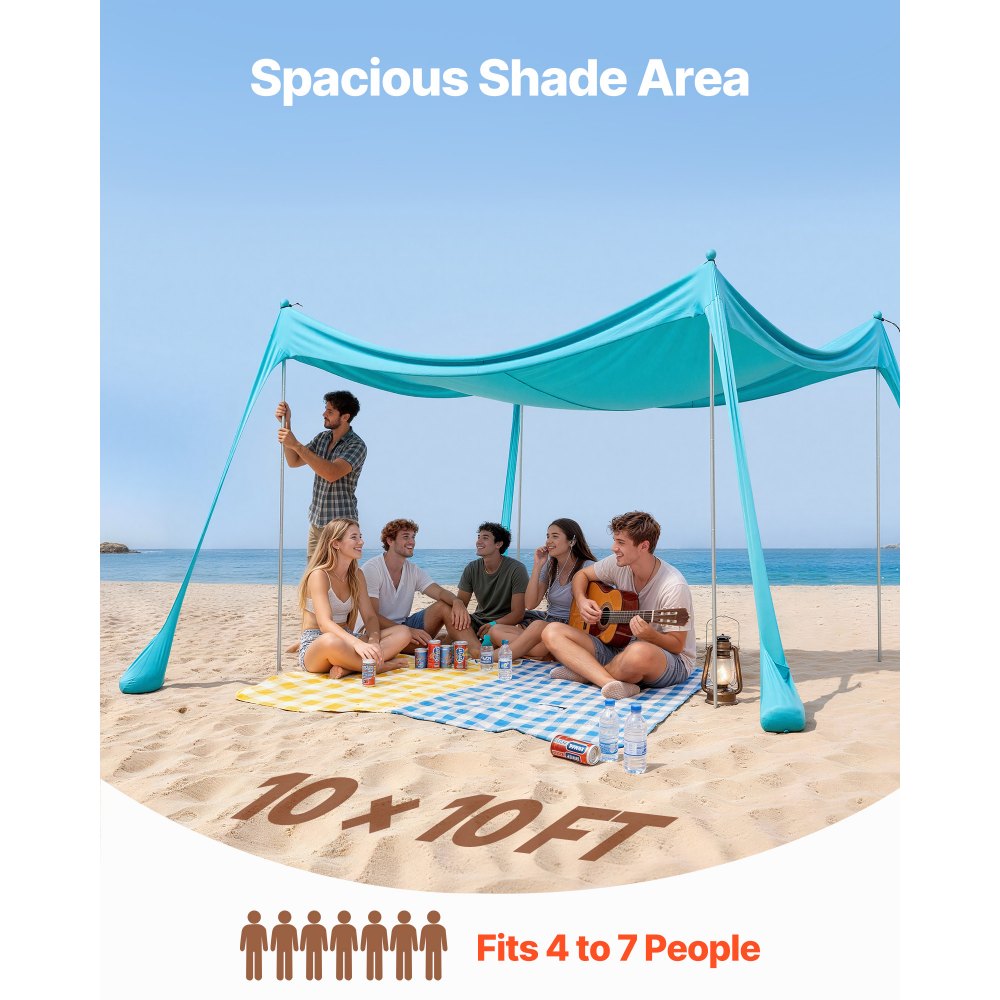 VEVOR Beach Tent Sun Shelter, UPF50+ Sun Protection, 6.6 ft Tall, 10 x 10 ft, Easy Pop Up Beach Canopy with Sandbags, Stability Poles, Sand Shovels, Portable Shade for Family Outings, Camping, Fishing