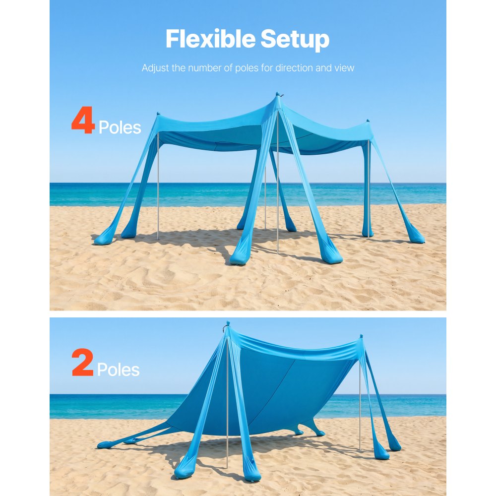 VEVOR Beach Tent Sun Shelter, UPF50+ Sun Protection, 6.6 ft Tall, 10 x 10 ft, Easy Pop Up Beach Canopy with Sandbags, Stability Poles, Sand Shovels, Portable Shade for Family, Camping, Fishing, Blue