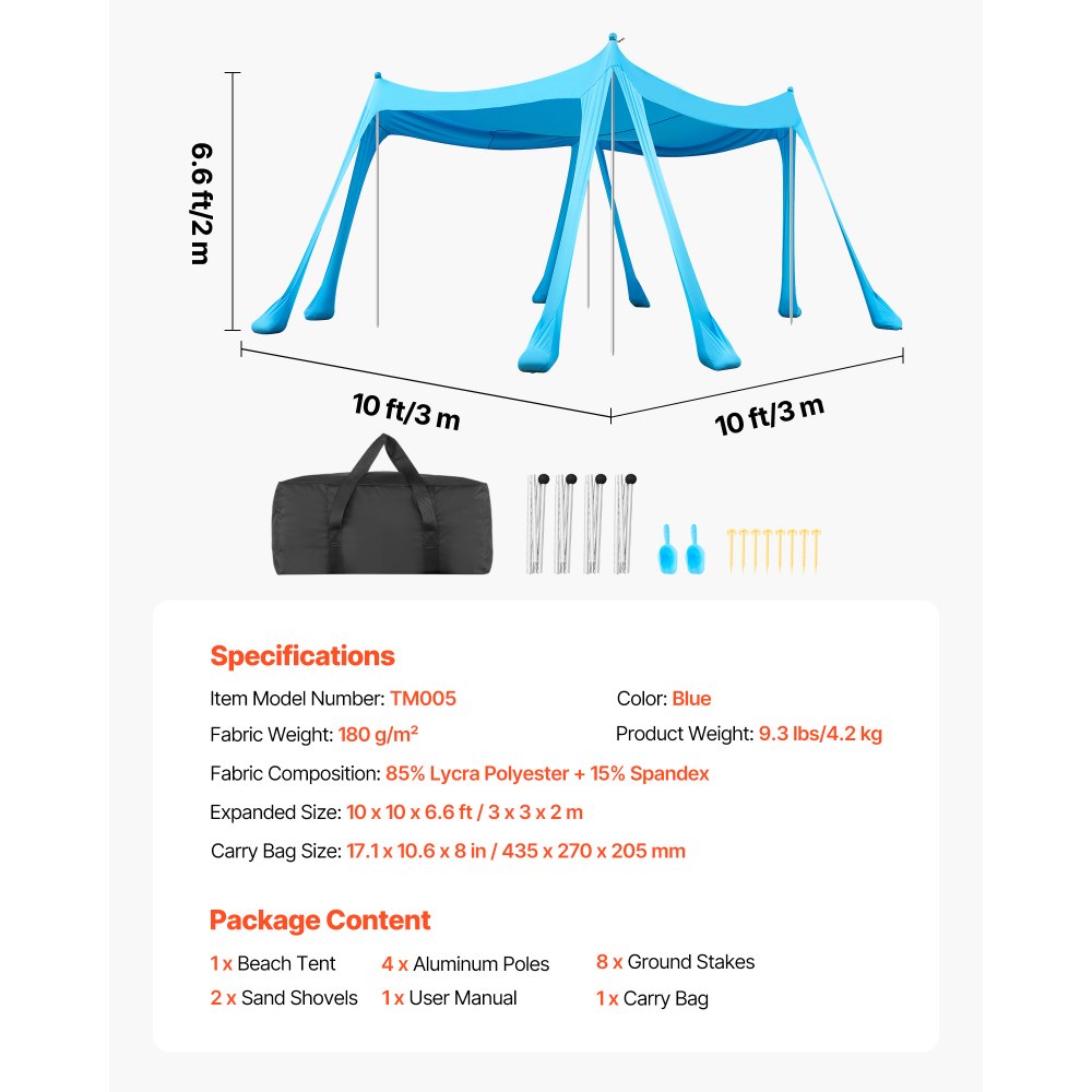 VEVOR Beach Tent Sun Shelter, UPF50+ Sun Protection, 6.6 ft Tall, 10 x 10 ft, Easy Pop Up Beach Canopy with Sandbags, Stability Poles, Sand Shovels, Portable Shade for Family, Camping, Fishing, Blue