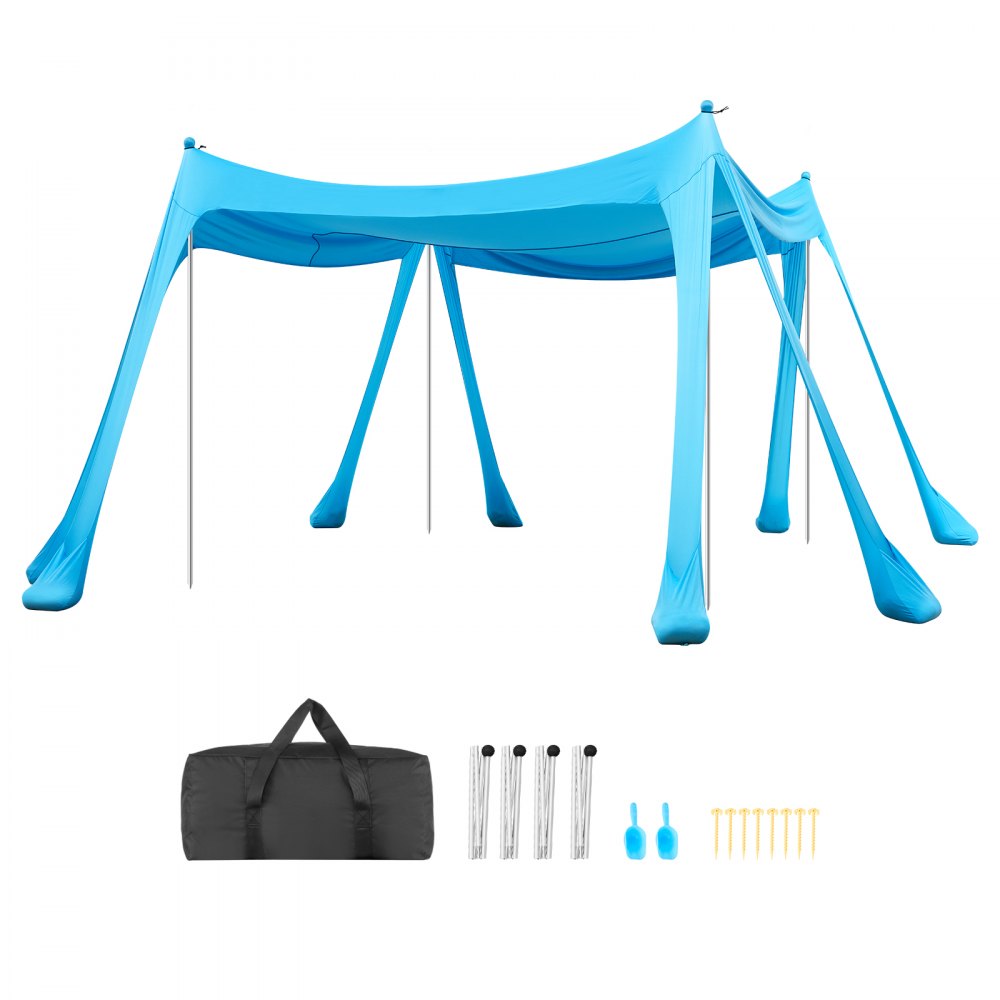 VEVOR Beach Tent Sun Shelter, UPF50+ Sun Protection, 6.6 ft Tall, 10 x 10 ft, Easy Pop Up Beach Canopy with Sandbags, Stability Poles, Sand Shovels, Portable Shade for Family, Camping, Fishing, Blue