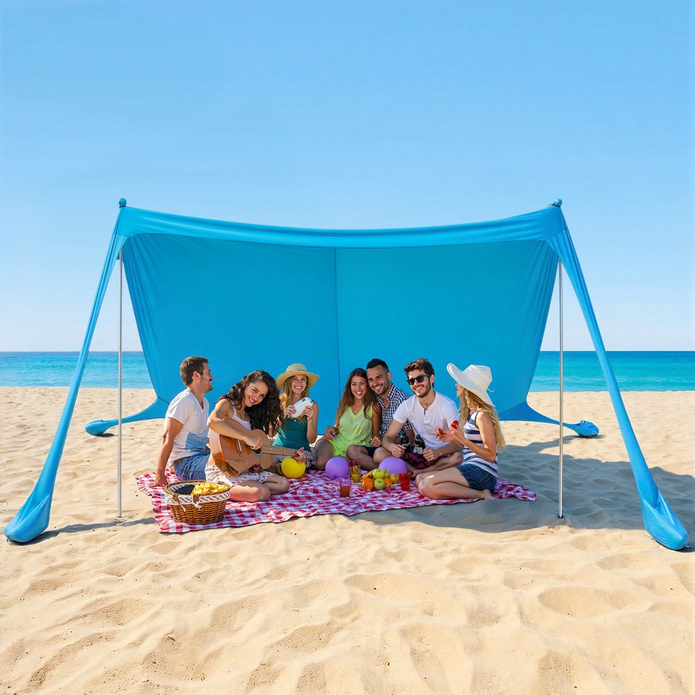 VEVOR Beach Tent Sun Shelter, UPF50+ Sun Protection, 6.6 ft Tall, 11 x 11 ft, Easy Pop Up Beach Canopy with Sandbags, Stability Poles, Sand Shovels, Portable Shade for Family Outings, Camping, Fishing