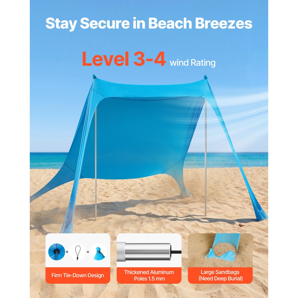 VEVOR Beach Tent Sun Shelter, UPF50+ Sun Protection, 6.6 ft Tall, 7.5x7.5 ft, Easy Pop Up Beach Canopy with Sandbags, Stability Poles, Sand Shovels, Portable Shade for Family Outings, Camping, Fishing