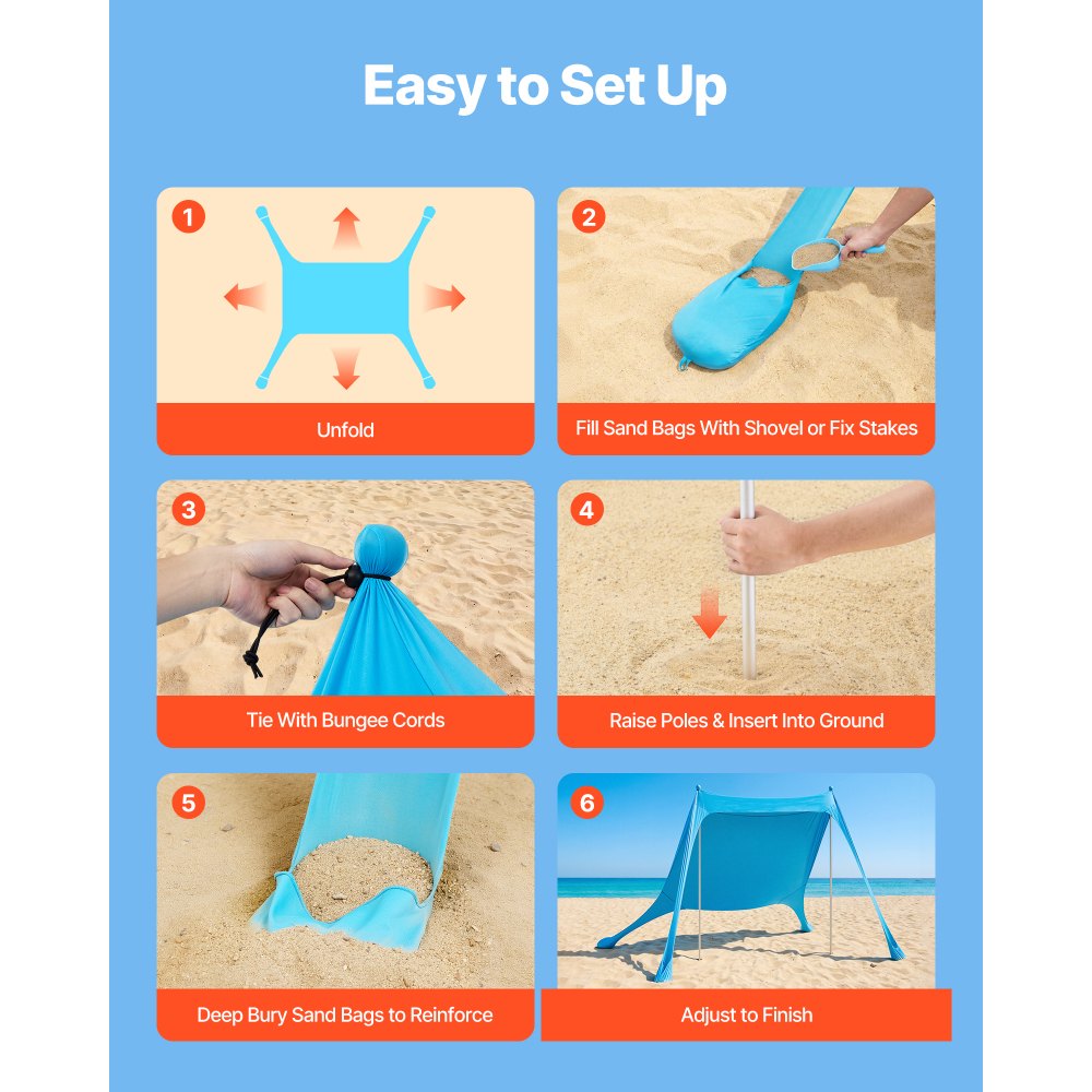 VEVOR Beach Tent Sun Shelter, UPF50+ Sun Protection, 6.6 ft Tall, 7.5x7.5 ft, Easy Pop Up Beach Canopy with Sandbags, Stability Poles, Sand Shovels, Portable Shade for Family Outings, Camping, Fishing