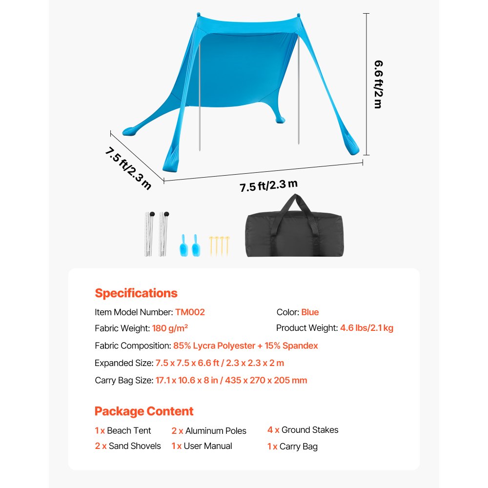 VEVOR Beach Tent Sun Shelter, UPF50+ Sun Protection, 6.6 ft Tall, 7.5x7.5 ft, Easy Pop Up Beach Canopy with Sandbags, Stability Poles, Sand Shovels, Portable Shade for Family Outings, Camping, Fishing