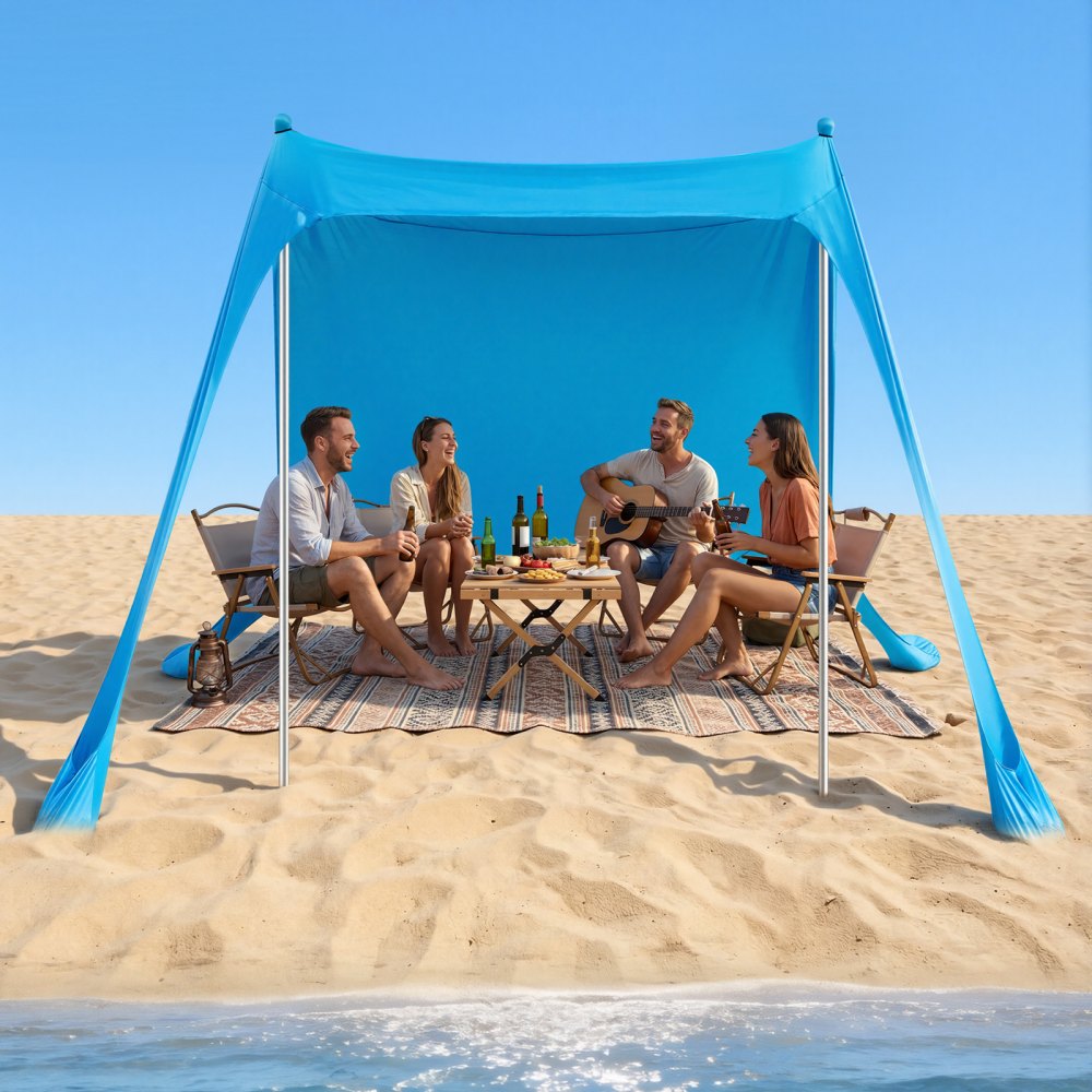 VEVOR Beach Tent Sun Shelter, UPF50+ Sun Protection, 6.6 ft Tall, 7.5x7.5 ft, Easy Pop Up Beach Canopy with Sandbags, Stability Poles, Sand Shovels, Portable Shade for Family Outings, Camping, Fishing