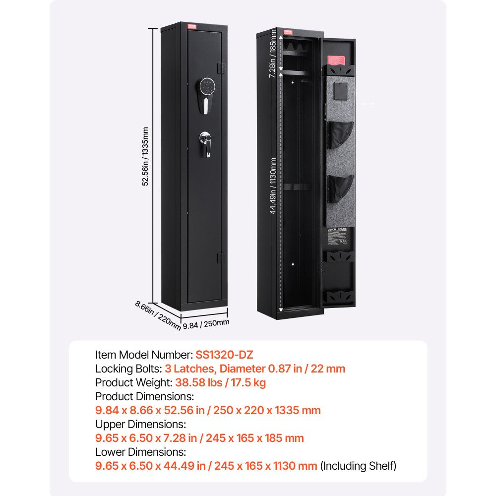 VEVOR Gun Safe, Heavy Duty Cold-Rolled Steel Fireproof Rifle Cabinet with Digital Keypad & Key, Large Long Gun Cabinet with Magazine and LED Lighting, Adjustable Racks for Rifles, Pistols, Shotgun