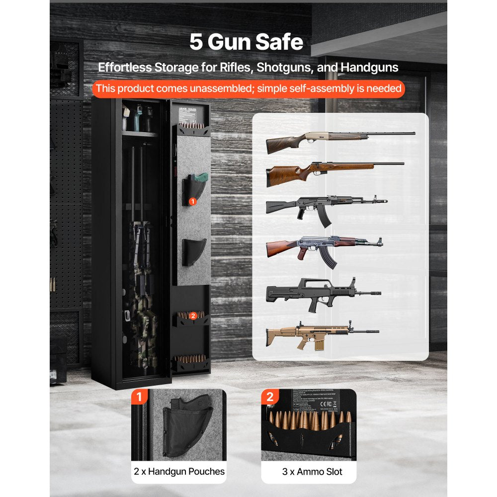 VEVOR Gun Safe, Heavy Duty Cold-Rolled Steel Fireproof Rifle Cabinet with Fingerprint, Digital Keypad & Key, Large Long Gun Cabinet with Magazine and LED, Adjustable Racks for Rifles, Pistols, Shotgun