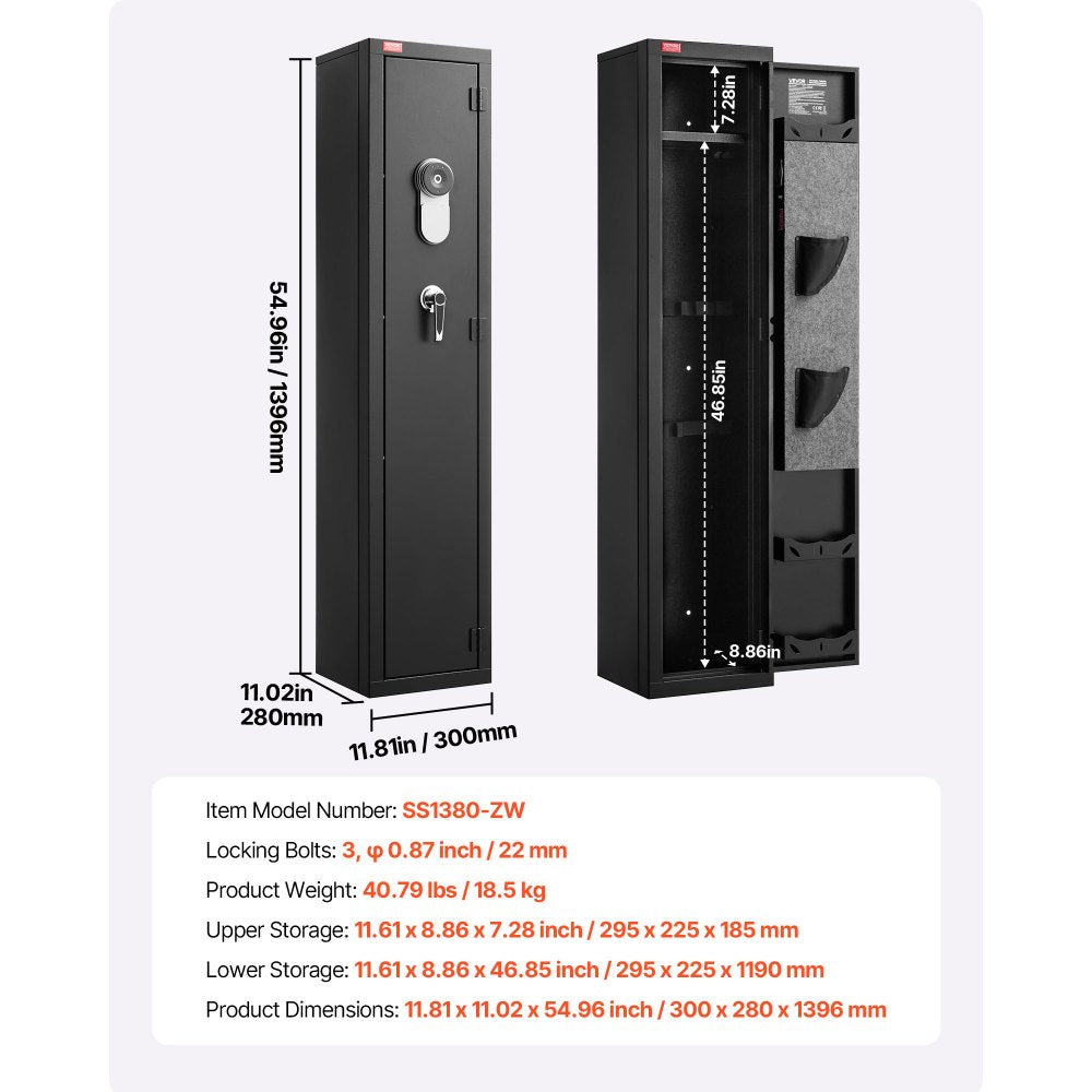 VEVOR Gun Safe, Heavy Duty Cold-Rolled Steel Fireproof Rifle Cabinet with Fingerprint, Digital Keypad & Key, Large Long Gun Cabinet with Magazine and LED, Adjustable Racks for Rifles, Pistols, Shotgun
