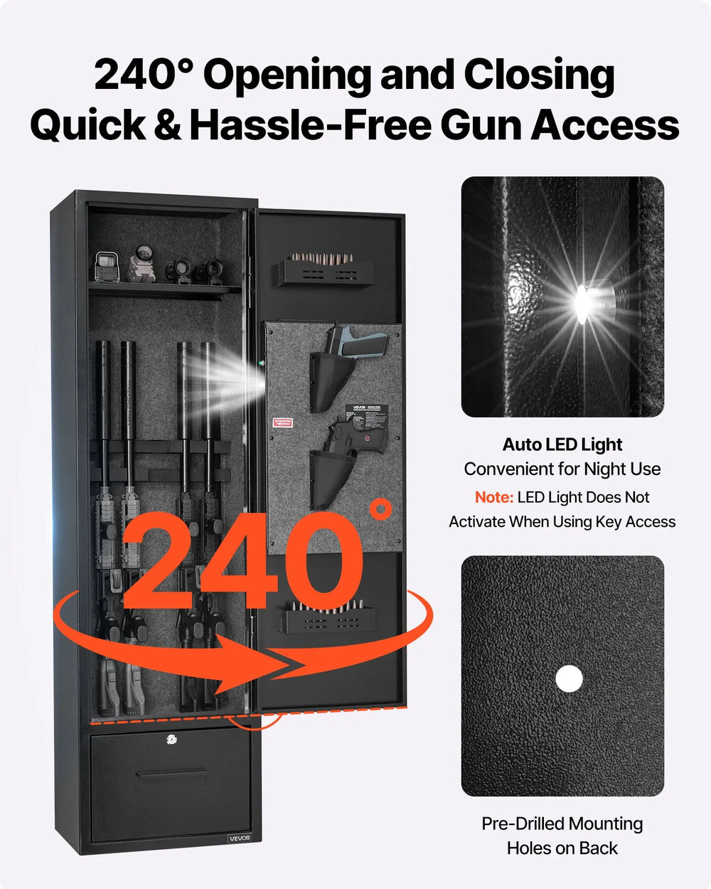 VEVOR 4 gun safe 240 degree opening and closing - quick & hassle-free gun access, auto LED light, pre-drilled mounting holes