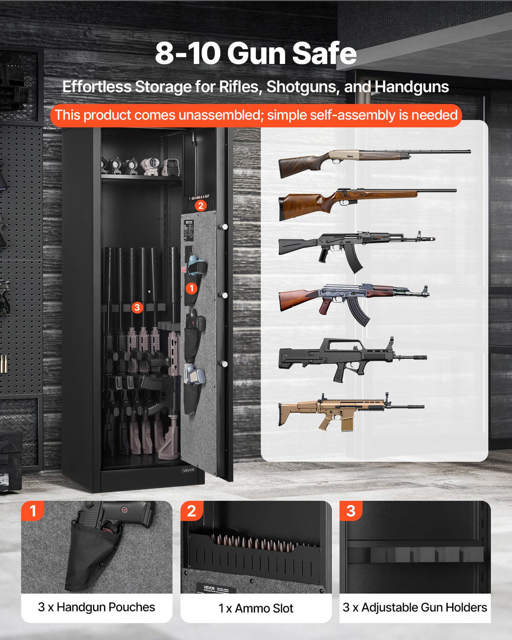 VEVOR 8-10 Gun Safe, Long Gun Cabinet for Rifles and Pistols, Quick Access Rifle Safe with 3 Pistol Pockets and Adjustable Racks, Large Digital Cabinet with Fingerprint and Password Lock