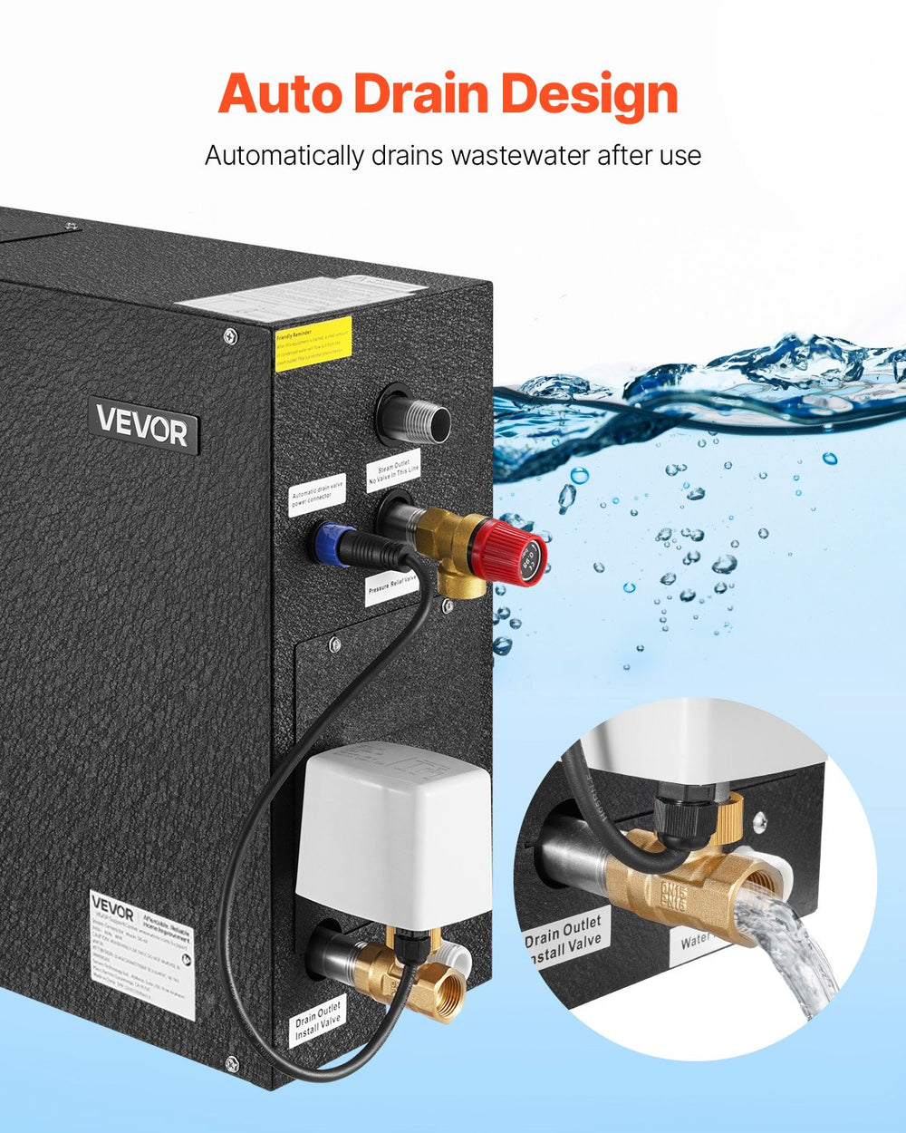VEVOR Steam Generator, 6 kW Steam Shower System with Controller for Home Sauna Bath Spa, Commercial Auto Drain Kit with Overheat, Dry-Run & Overpressure Protection, 10 Min to 24h Efficient, Black