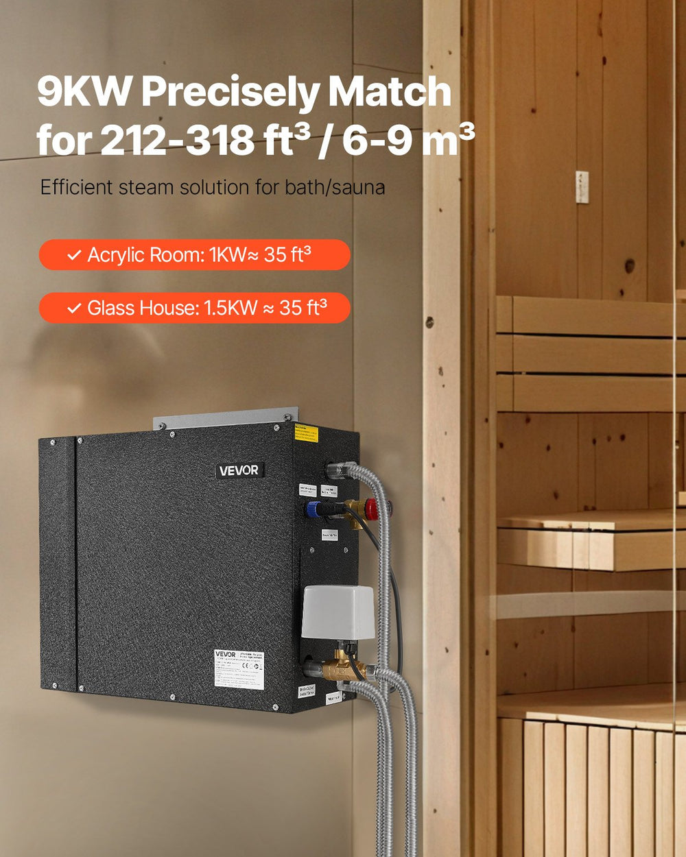 VEVOR 9kW steam generator applicable room volume 212–318 ft³ (6–9 m³)