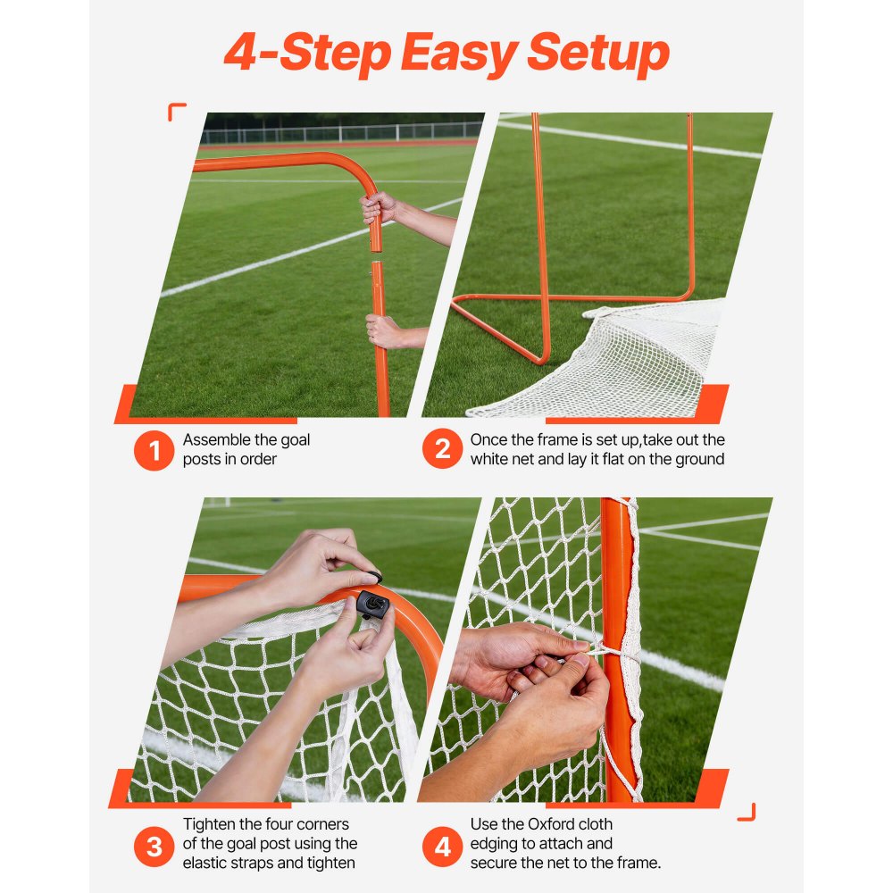 VEVOR Lacrosse Goal, 6' x 6' Lacrosse Net, Steel Frame Backyard Lacrosse Training Equipment, Portable Lacrosse Goal with Carry Bag, Quick & Easy Setup, Perfect for Youth Adult Training, Orange