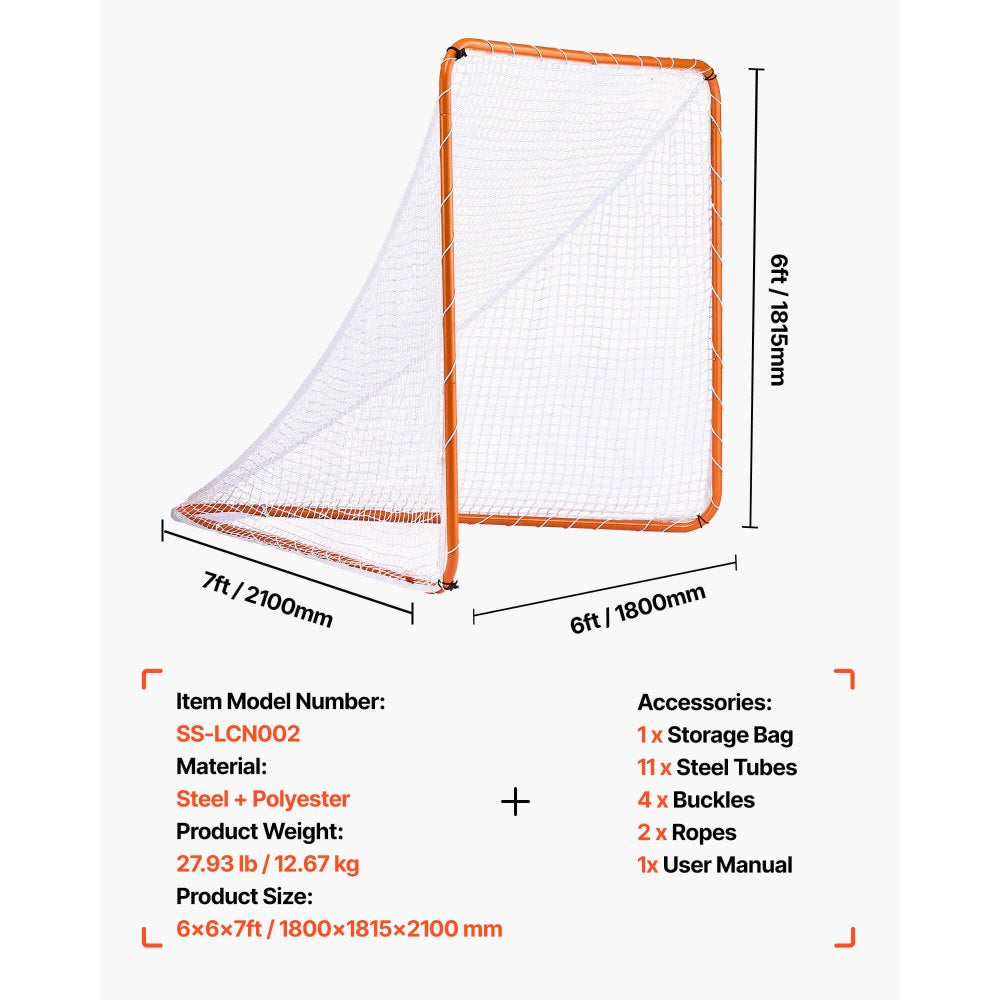 VEVOR Lacrosse Goal, 6' x 6' Lacrosse Net, Steel Frame Backyard Lacrosse Training Equipment, Portable Lacrosse Goal with Carry Bag, Quick & Easy Setup, Perfect for Youth Adult Training, Orange