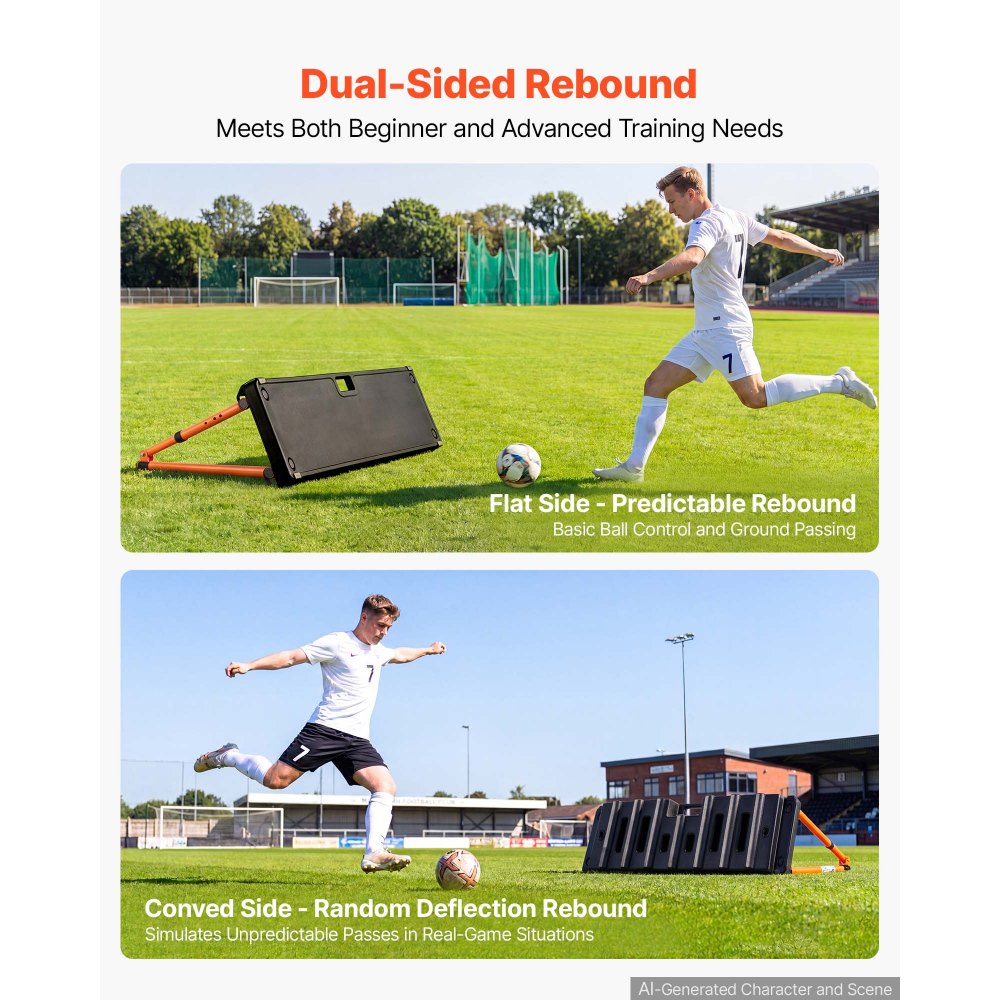 VEVOR Soccer Rebounder Board, 37.4 x 9.8 in Dual-Sided Soccer Rebound Wall, 4 Adjustable Angles, Portable Water-Fillable PE Kickback Trainer, Ground Stakes for Kids Adults, Passing & Shooting Practice