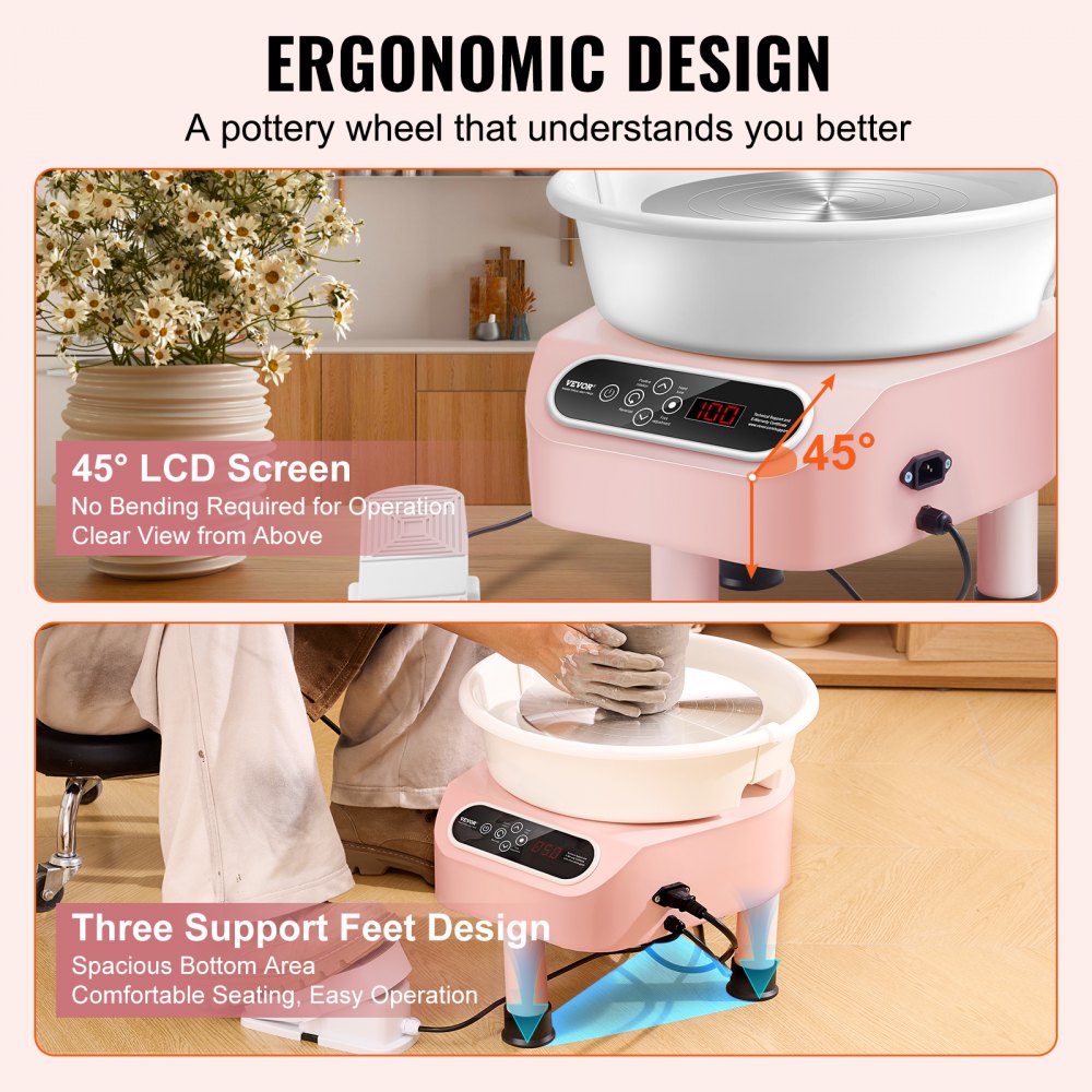 VEVOR Pottery Wheel, 350W Electric Wheel for Pottery with Foot Pedal and LCD Touch Screen,10 inch Pottery Forming Machine,  Direct Drive Ceramic Wheel with 3 Support Legs for DIY Art Craft, Pink